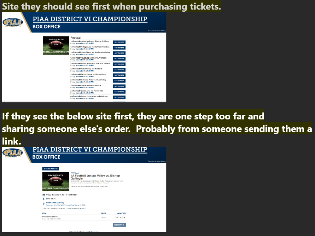 Instructions on how to purchase tickets.  Site they should see first when purchasing tickets.  If they see the below site first they are one step too far and sharing someone else's order